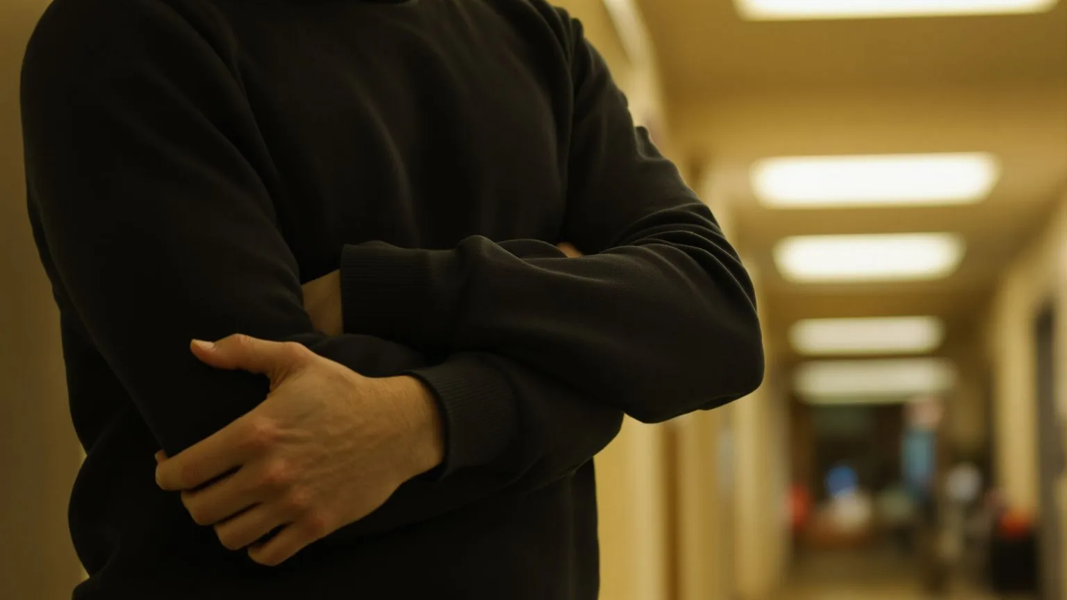 Close-up of man's crossed arms in office hallway showing guarded body language, why fine feels safer than the truth