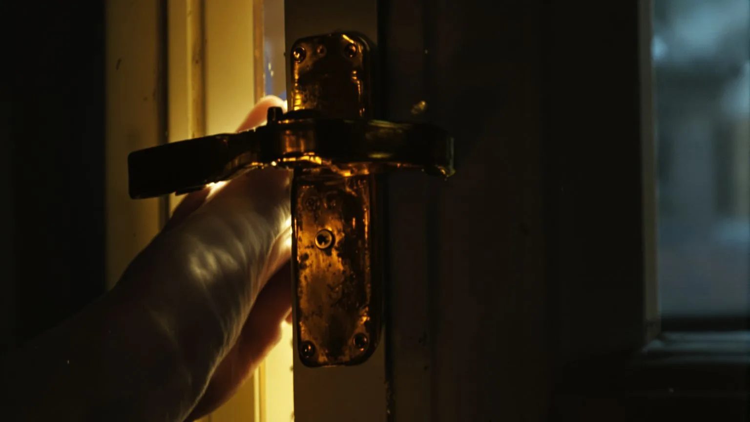 Hand pushing open casement window letting warm light into dim room, patterns that keep recreating invisibility