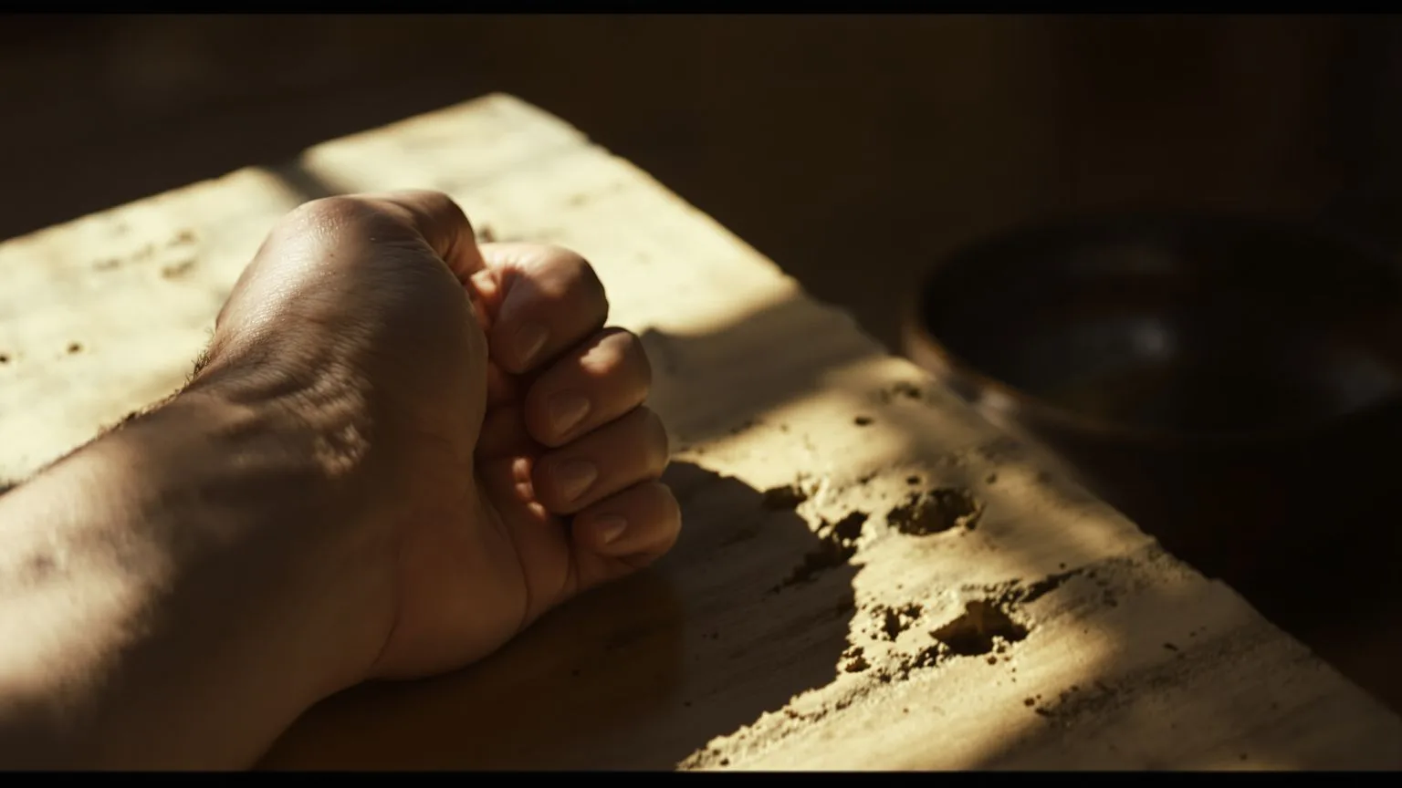 Hand unclenching on wooden table beside ceramic bowl, what changes what softens and what remains true
