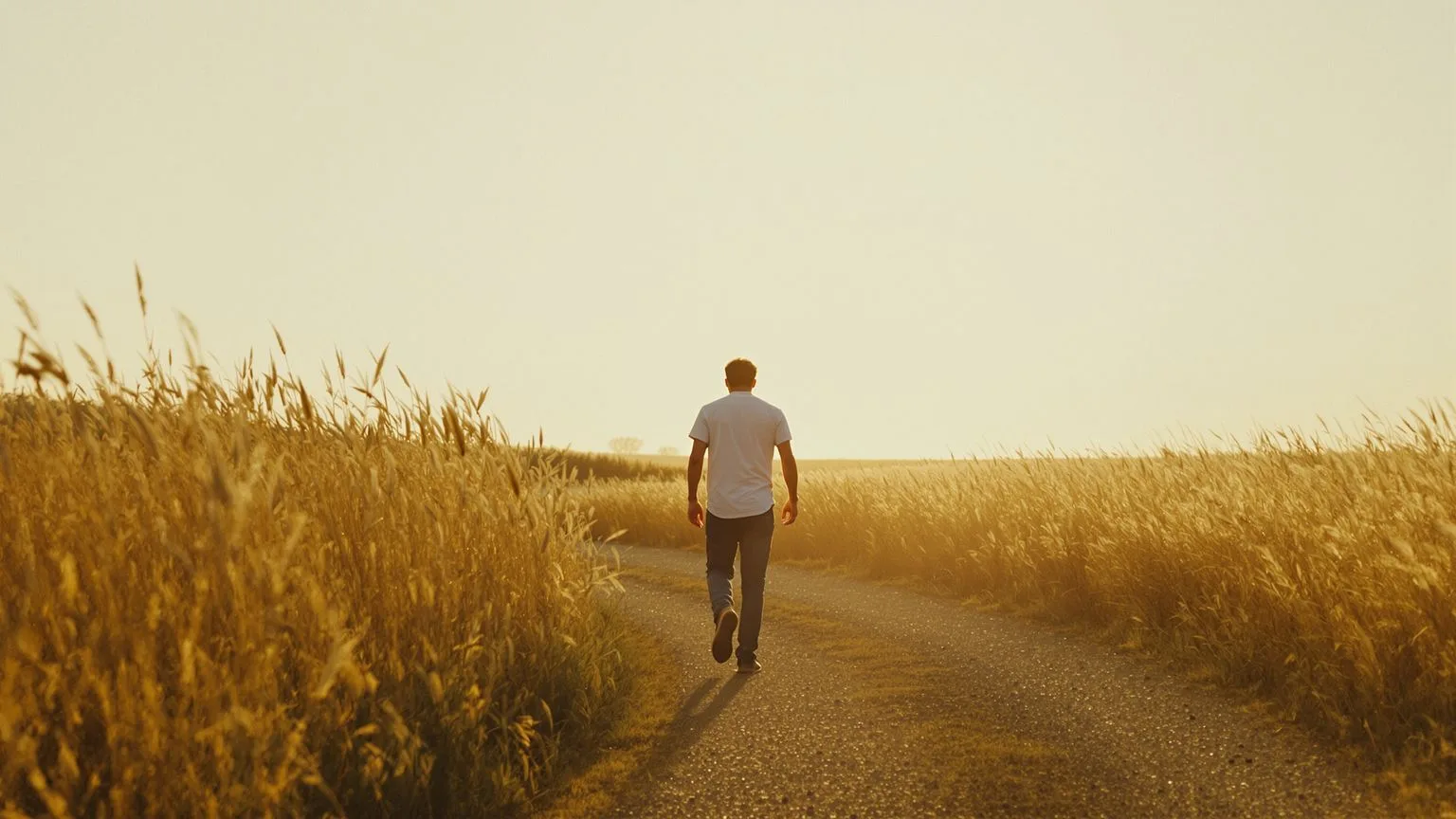 Man walking open-chested along gravel path through meadow in golden light, what your heart actually needs