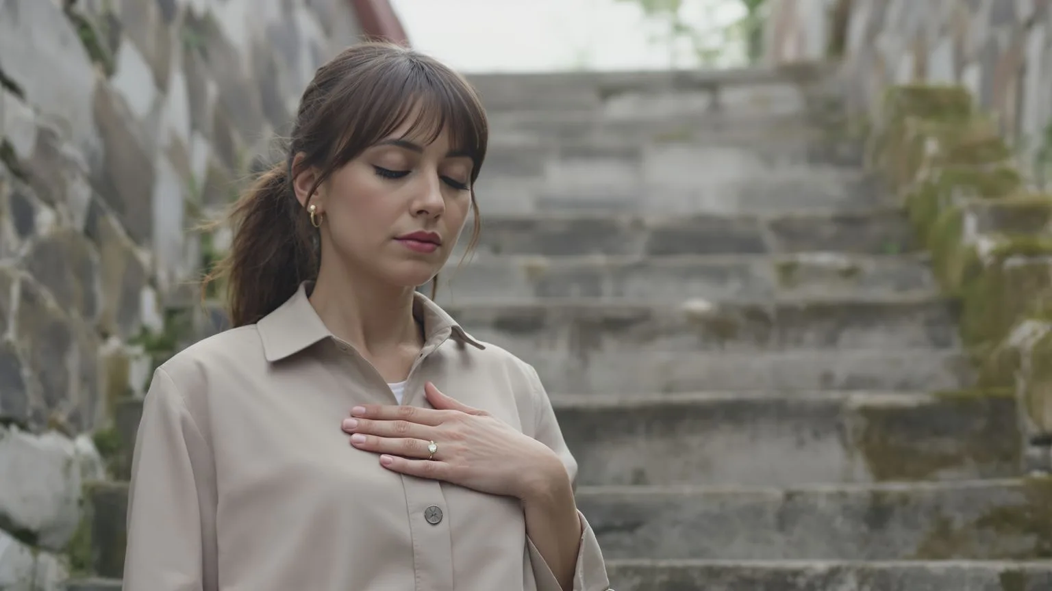 Woman pressing hand to chest at top of stone steps, eyes closed, where this pain lives in the body