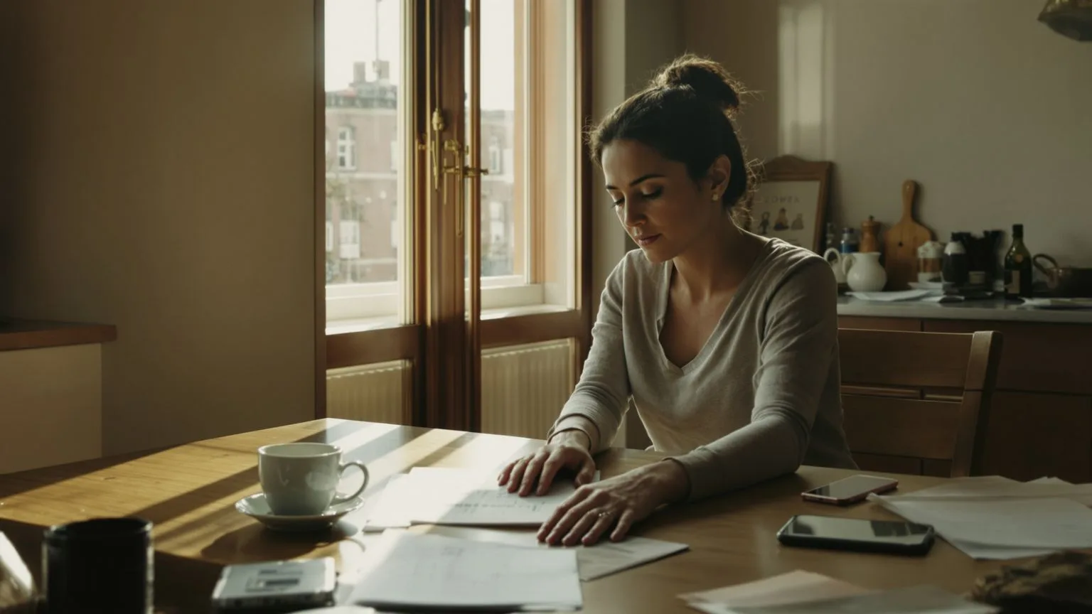 Woman sitting alone at kitchen table in morning light, body tense, nobody understands what im going through