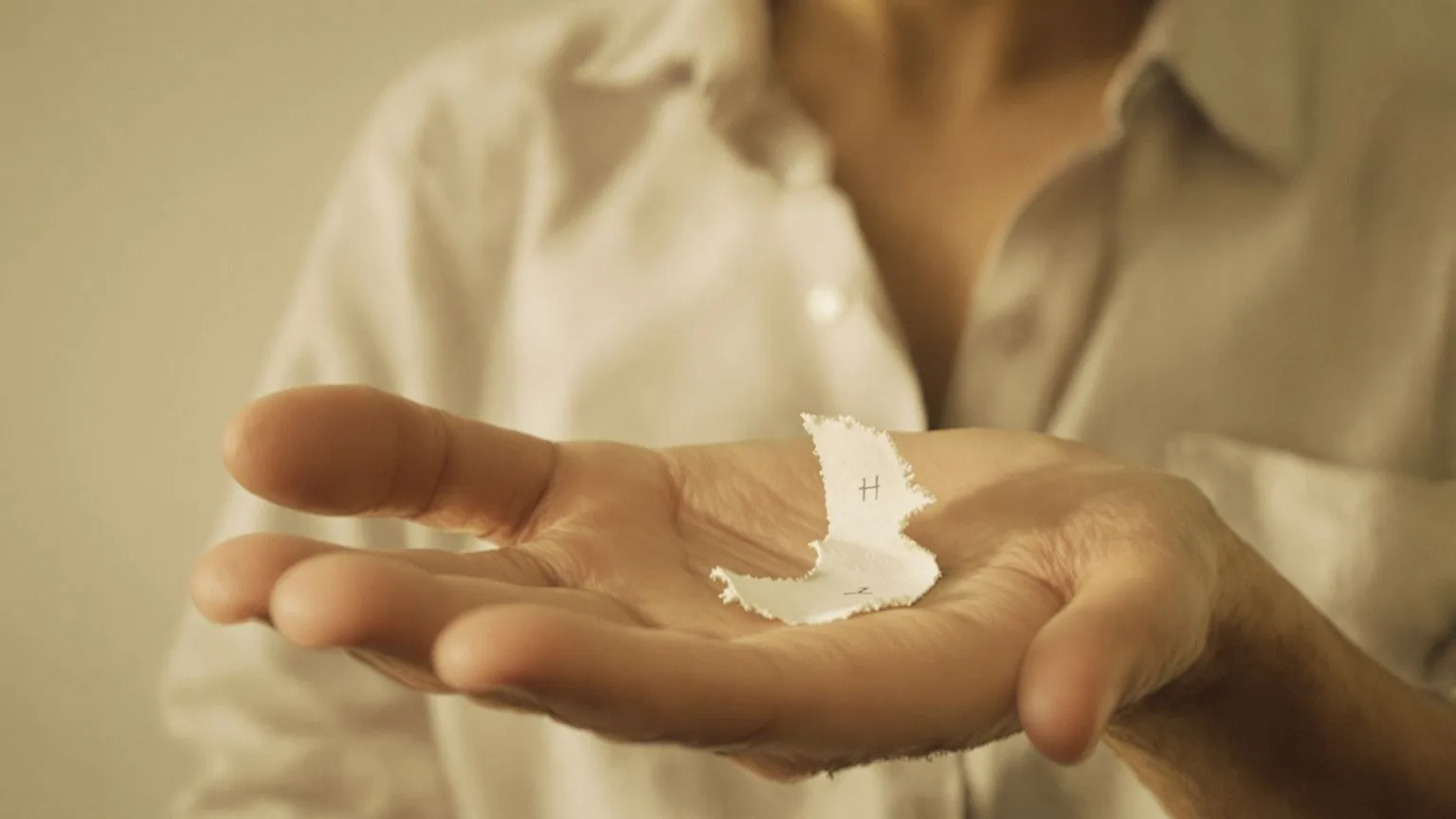 Open palm holding a small torn paper near the chest, body mid-breath, feeling the urgency to speak a truth