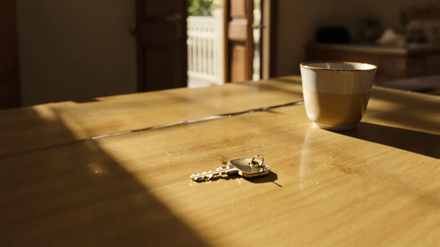 Brass key on wooden table beside open door symbolizing the hidden pattern of disappearing before dis Brass key on wooden table beside open door symbolizing the hidden pattern of disappearing before dismissal