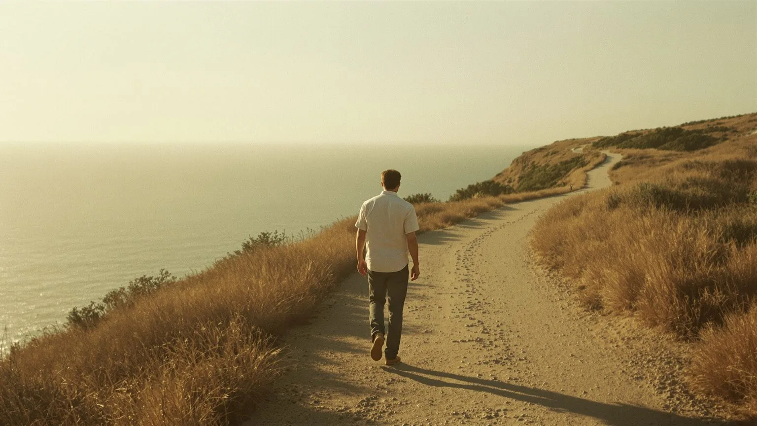 Solitary man on coastal cliff path at golden hour feeling invisible against vast ocean horizon Solitary man on coastal cliff path at golden hour feeling invisible against vast ocean horizon