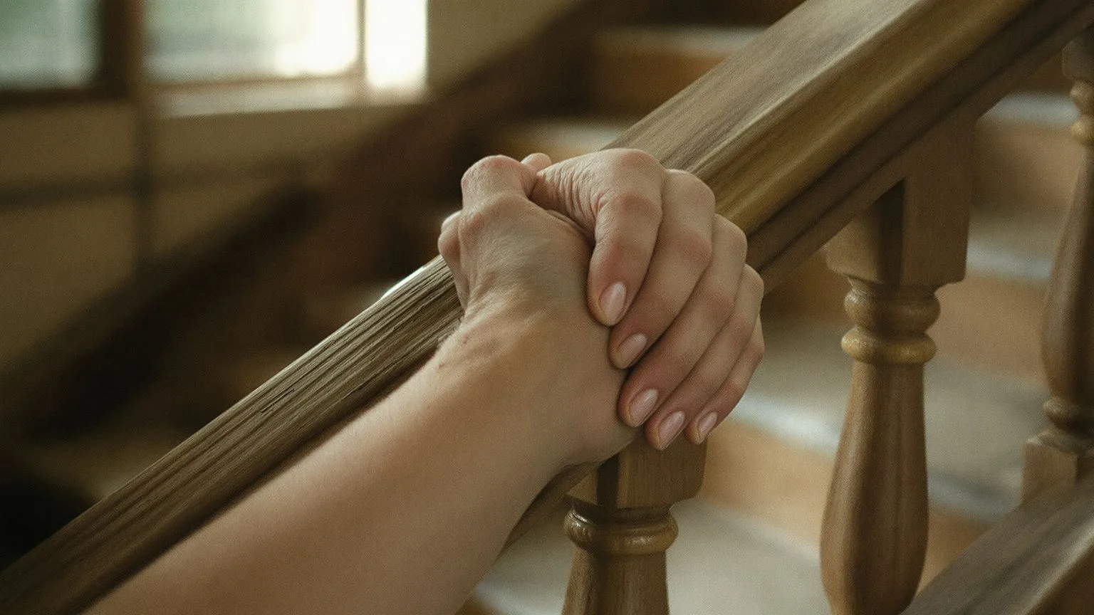 Close-up of tense hands gripping a wooden stair railing, the body deciding safe before the mind explains