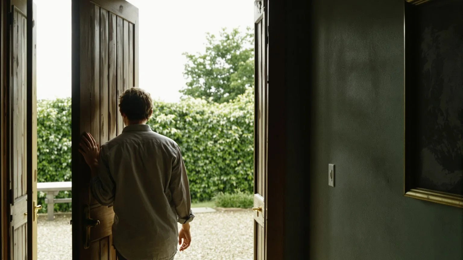 Person standing relaxed in a sunlit farmhouse doorway, body at ease between shadow and light, emotional safety in relationships