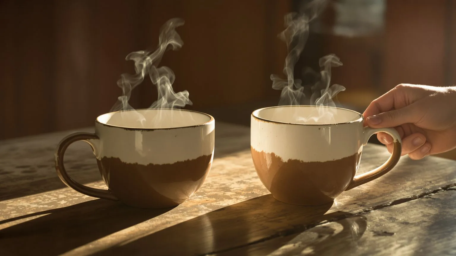 Two ceramic mugs on a wooden table with one pushed toward the other, a small gesture of what changed