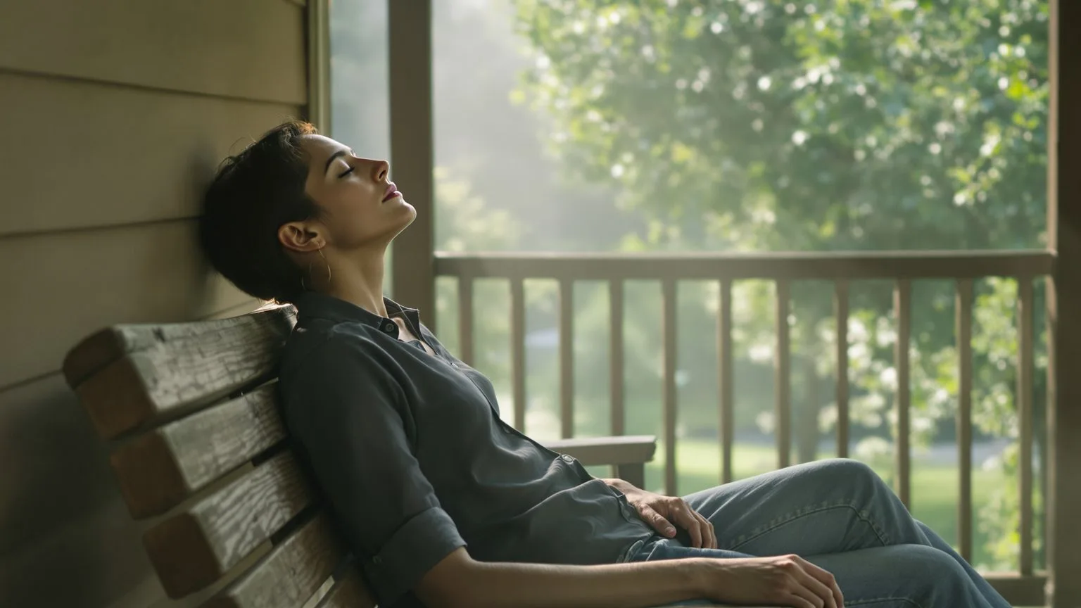 Person sitting on porch with face tilted up and eyes closed as the pattern of feeling emotionally unsafe begins to release