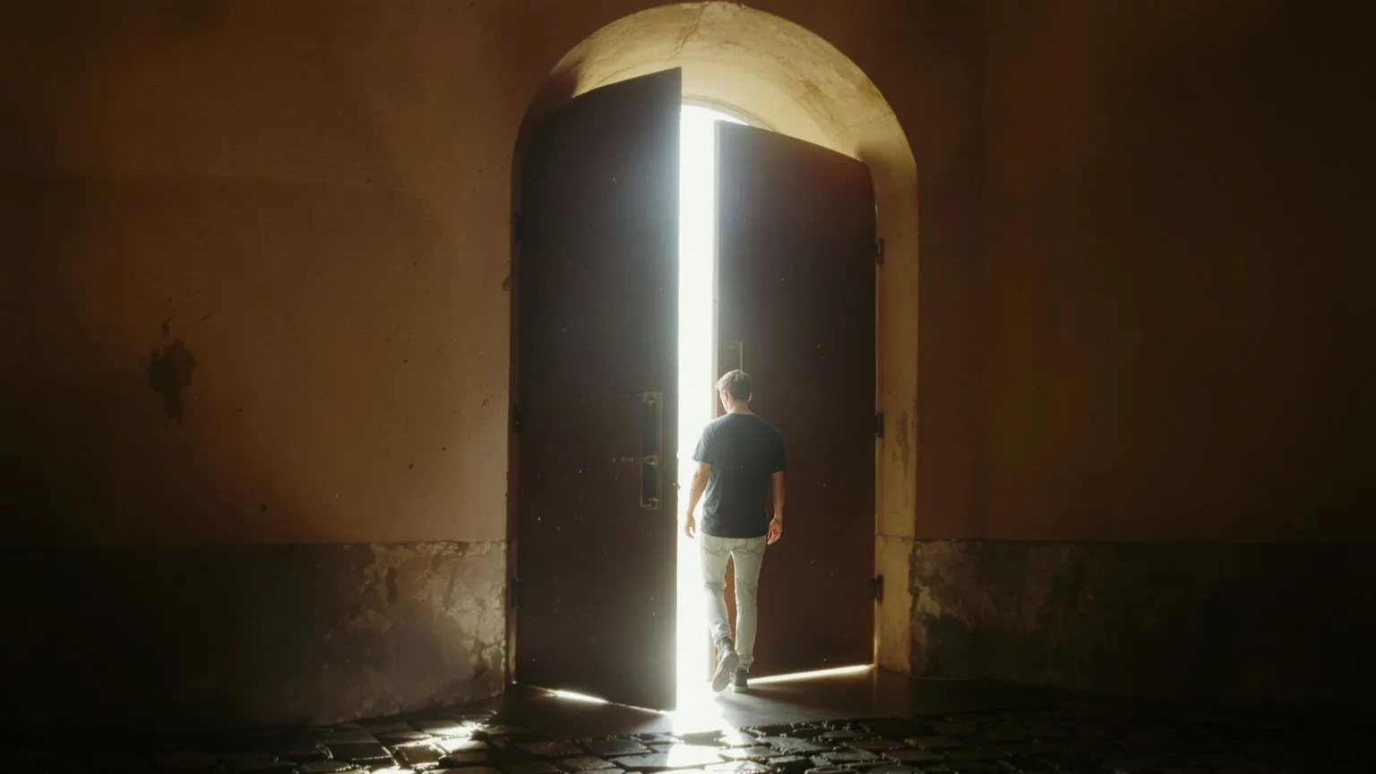 Person pausing at stone doorway threshold between shadow and light showing emotional turning point Person pausing at stone doorway threshold between shadow and light showing emotional turning point