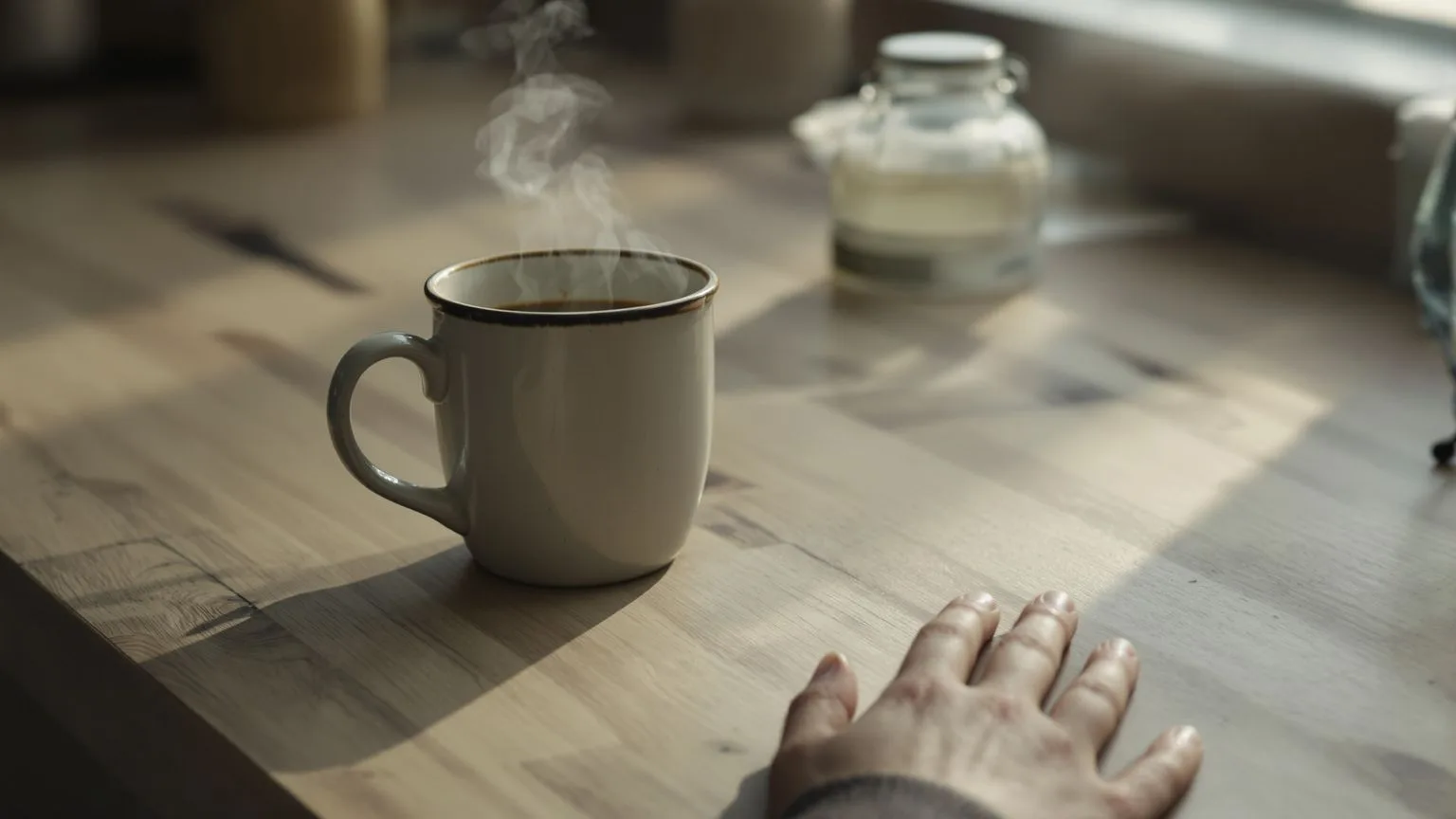 Untouched coffee mug and curled hand on kitchen counter showing subtle signs of emotional suppressio Untouched coffee mug and curled hand on kitchen counter showing subtle signs of emotional suppression