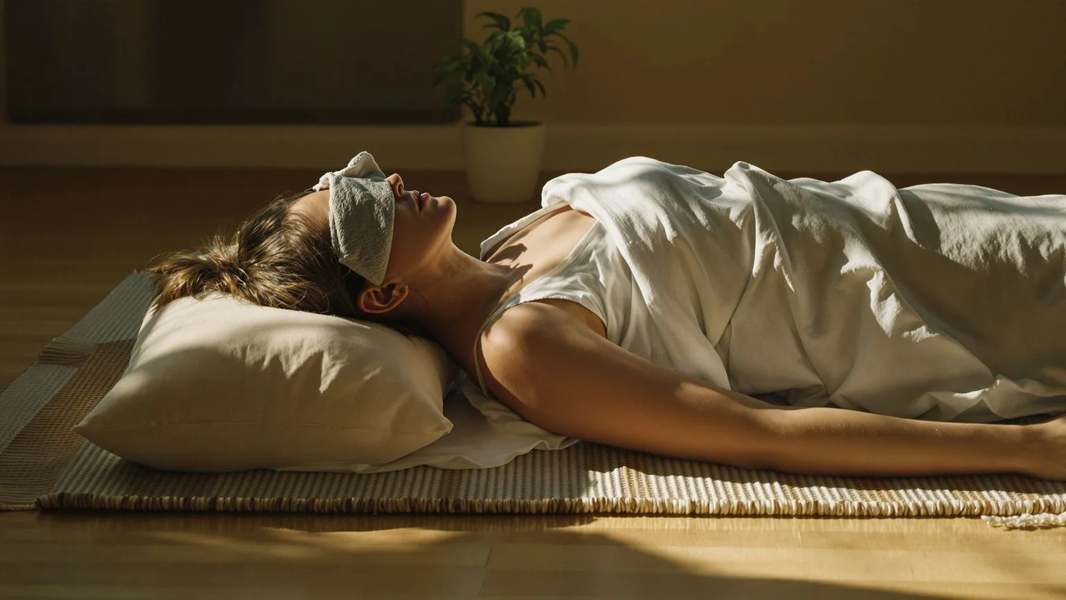 Woman lying on mat with palms down practicing emotional release for signs of emotional suppression Woman lying on mat with palms down practicing emotional release for signs of emotional suppression