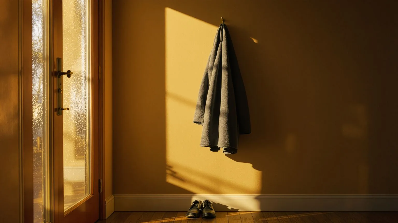 Heavy coat on a door hook symbolizing why the mask feels safer than honesty in soft amber light