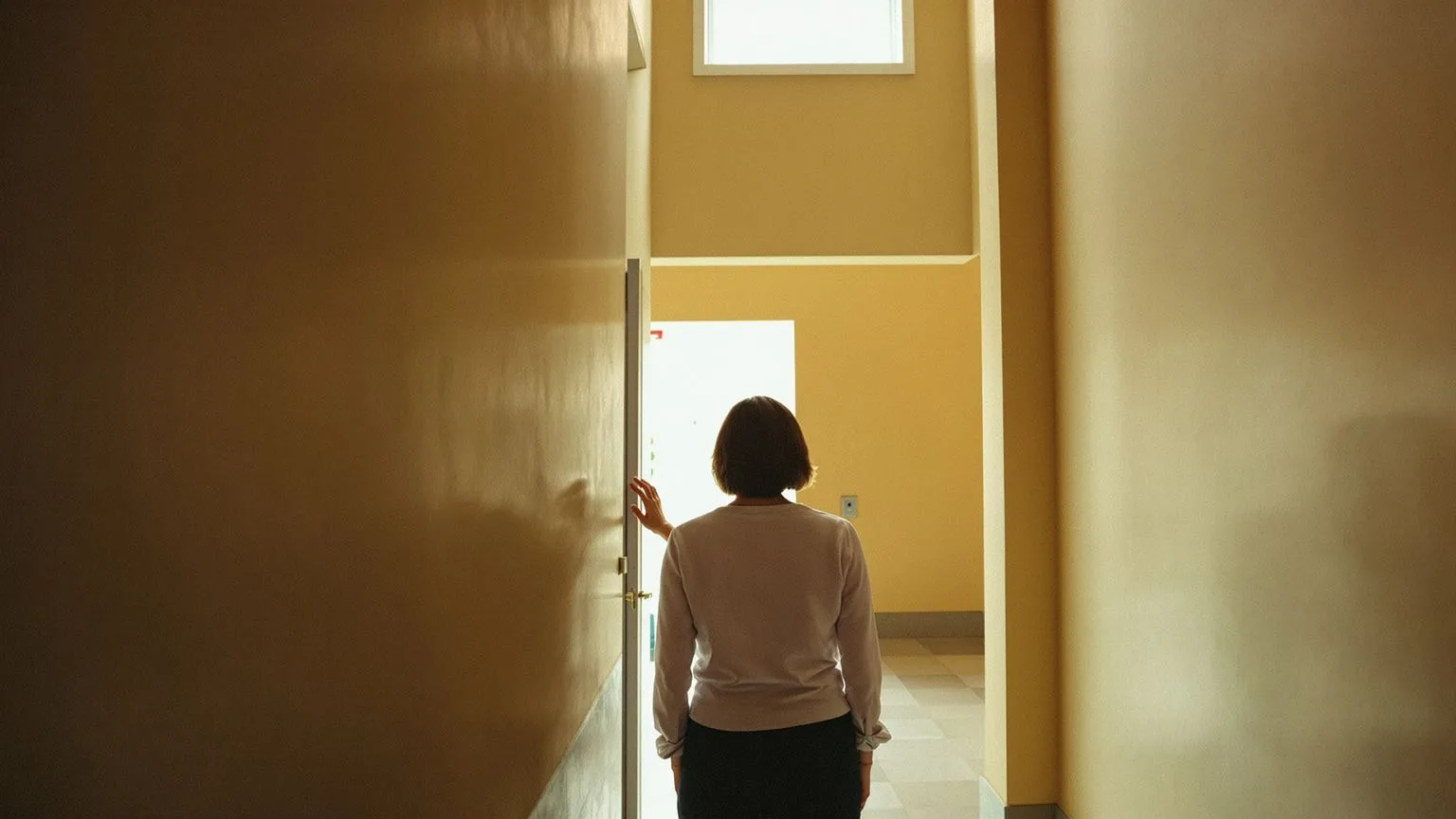 Person paused at hallway junction showing where people get stuck between performing and honesty