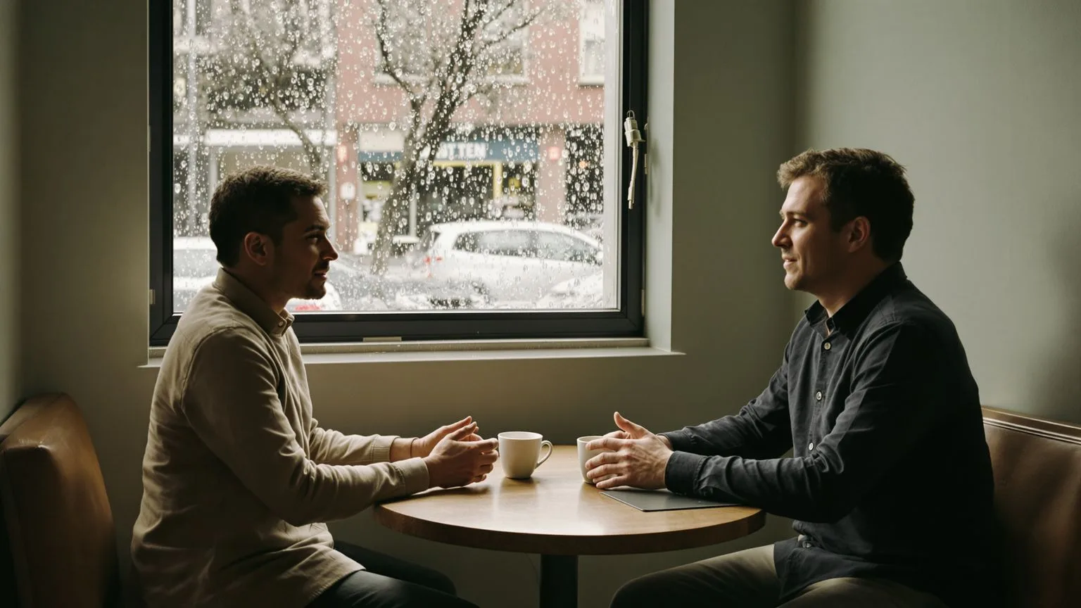 Two people in honest conversation at café table showing a clear method to be real with people