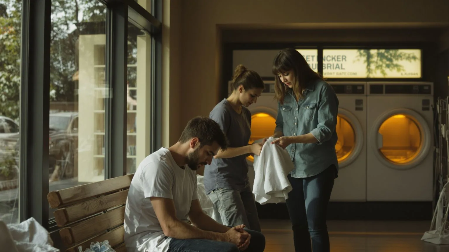 Two people sharing quiet space in a laundromat showing why emotional validation collapses even when people care