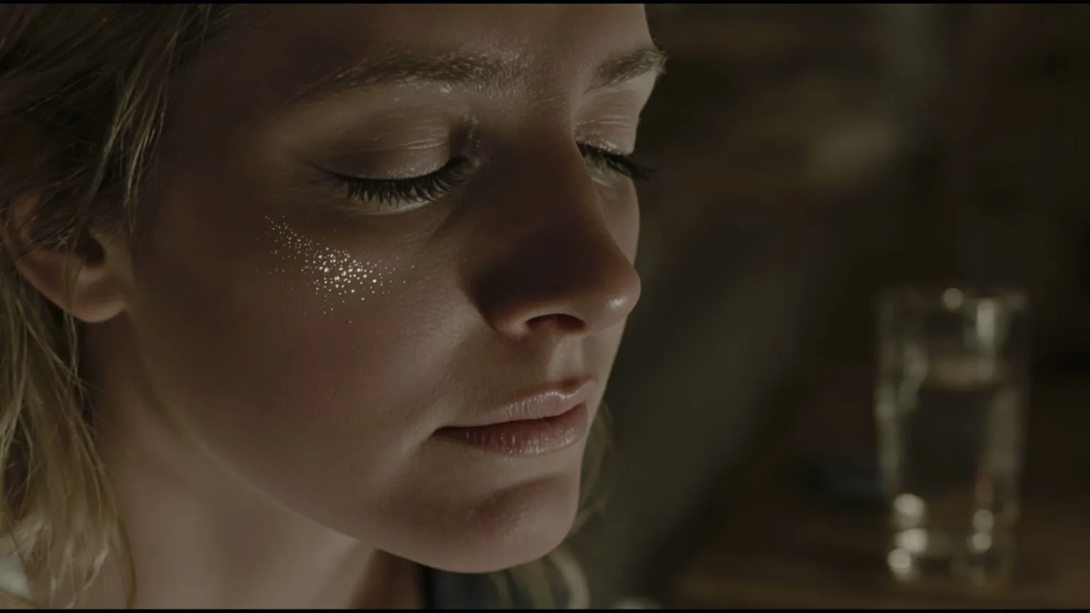 Woman with closed eyes and tear on cheek experiencing emotional release massage cry