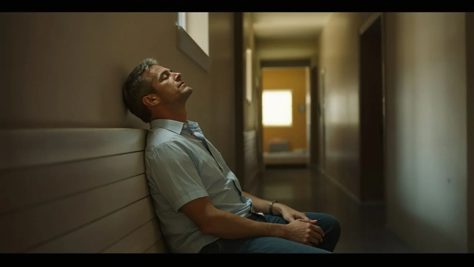 Man seated on hallway bench eyes closed breathing deeply, practicing body awareness for feeling misu Man seated on hallway bench eyes closed breathing deeply, practicing body awareness for feeling misunderstood