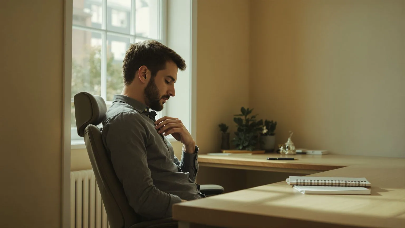 Man sitting sideways at desk touching his collarbone, feeling misunderstood in bright morning light Man sitting sideways at desk touching his collarbone, feeling misunderstood in bright morning light
