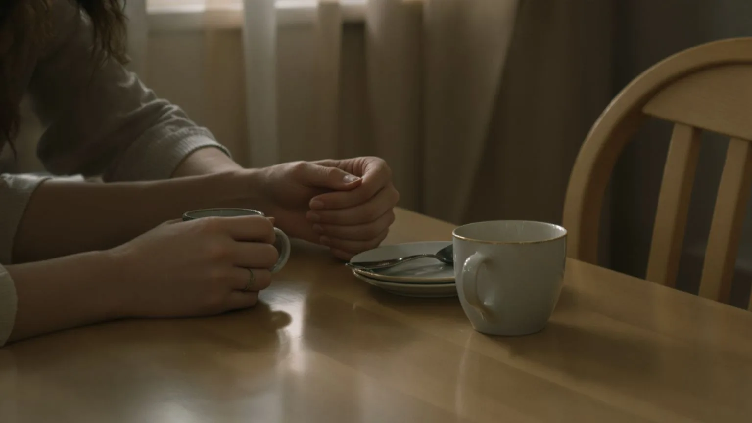 Woman gripping coffee cup tightly at kitchen table with empty chair opposite, relationship loop of f Woman gripping coffee cup tightly at kitchen table with empty chair opposite, relationship loop of feeling misunderstood