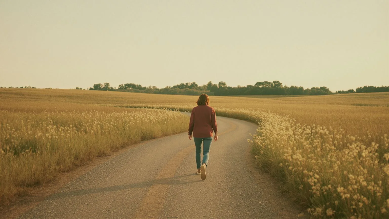 Woman walking along curved gravel path through open meadow with relaxed shoulders, what changes afte Woman walking along curved gravel path through open meadow with relaxed shoulders, what changes after addressing feeling misunderstood