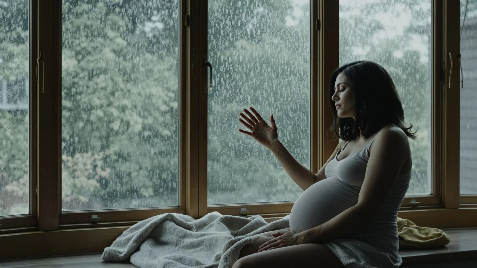 Pregnant woman resting against a rain-streaked window with palm on the glass, body softening in relief