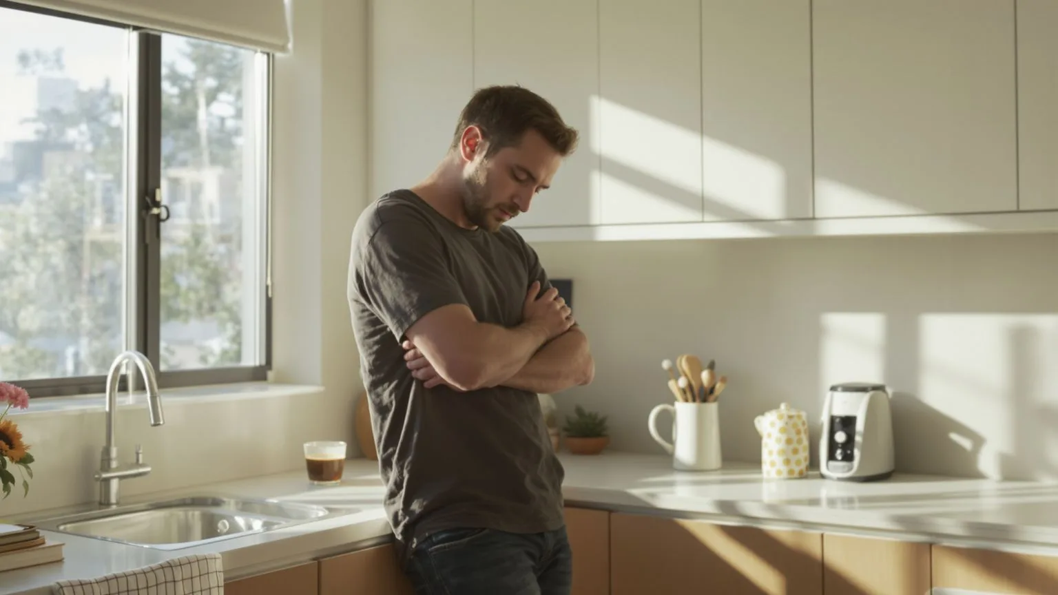 Man standing alone in modern kitchen with arms crossed showing signs someone is hiding their feelings for you