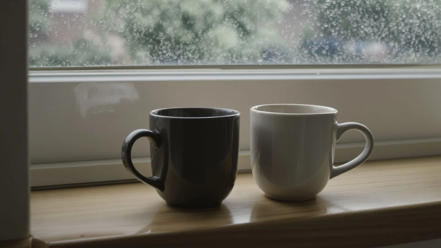 Two coffee mugs placed close together on windowsill showing what hidden feelings usually look like when real