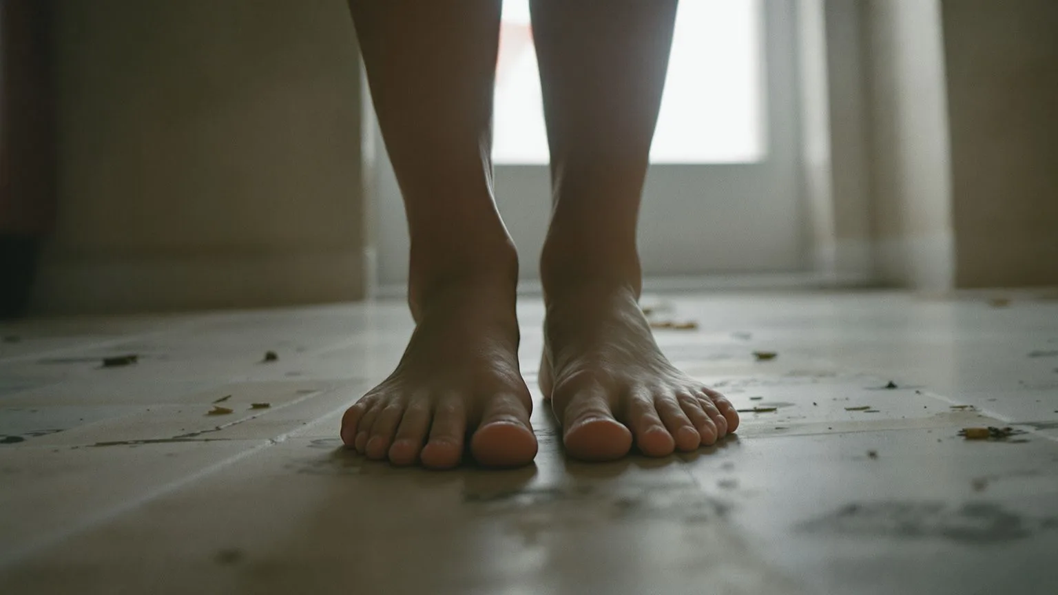 Bare feet grounding on stone floor showing subtle body shift after nervous system regulation practice