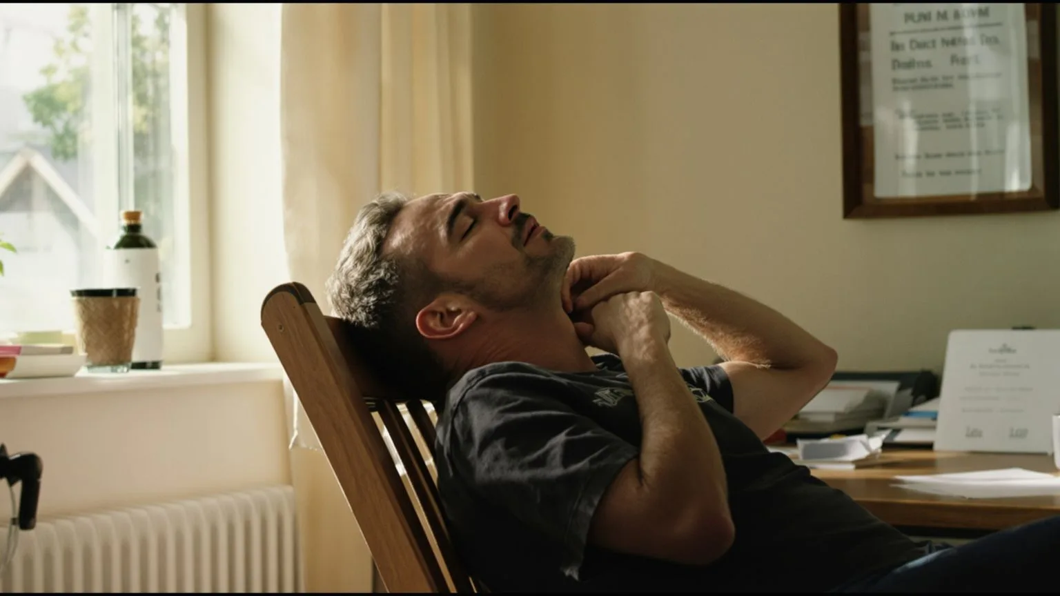 Man pressing back of neck at desk showing why nervous system regulation techniques fail in real moments