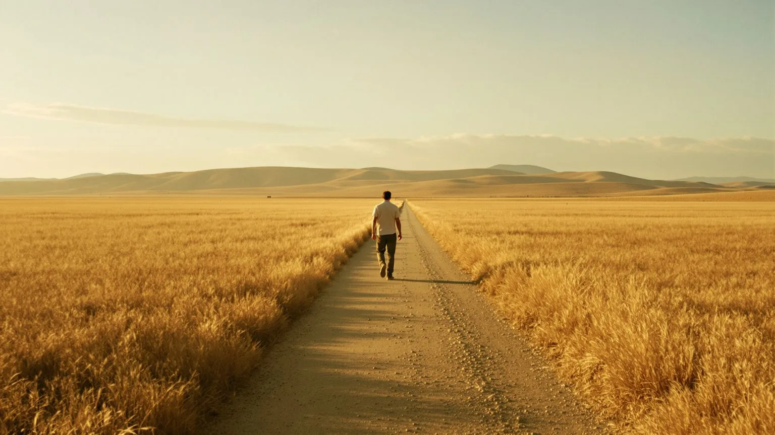 Man walking a dirt path through golden grassland toward open horizon representing nervous system regulation techniques