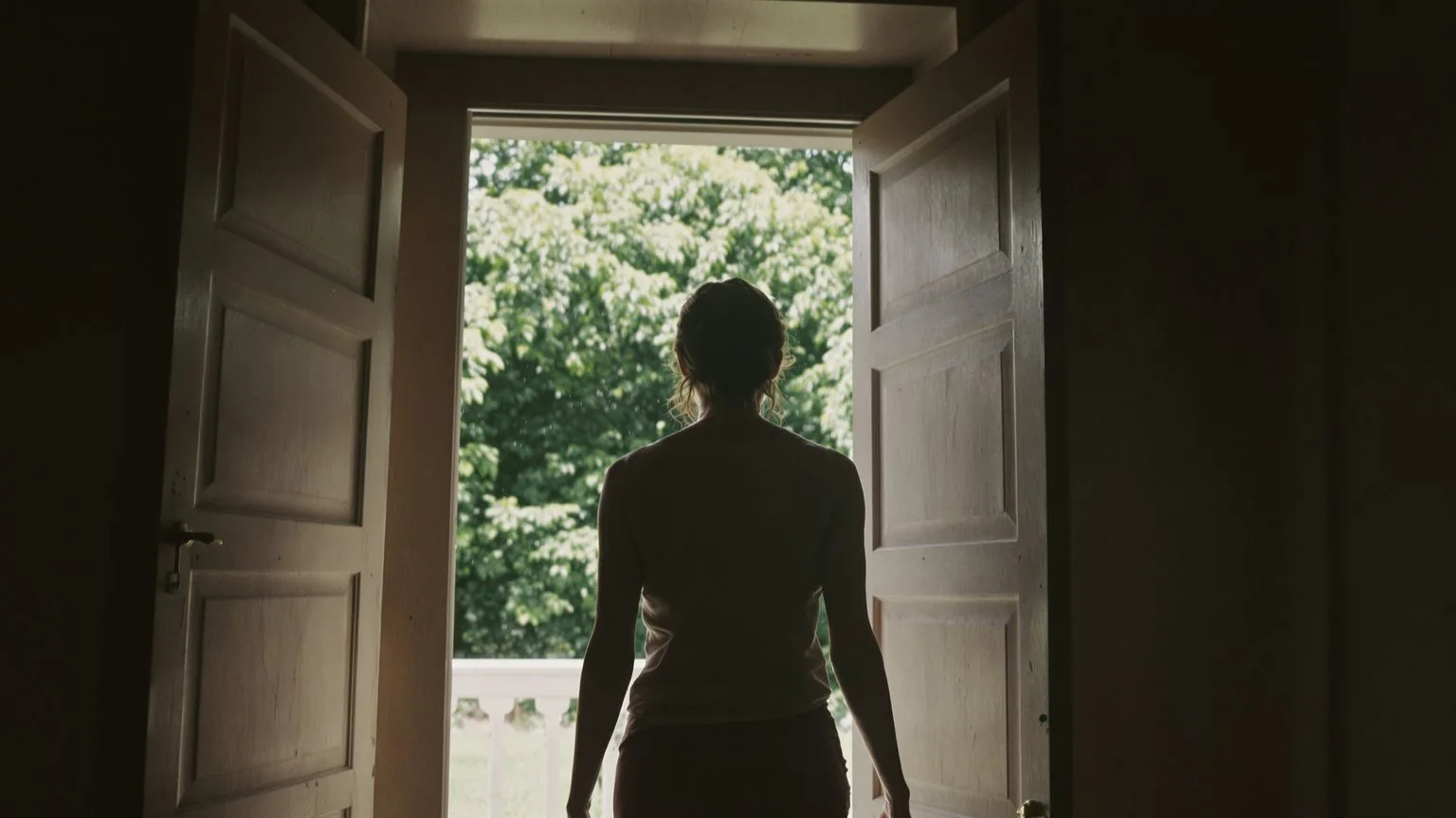 Woman standing relaxed in open doorway with light flooding in representing one nervous system reset