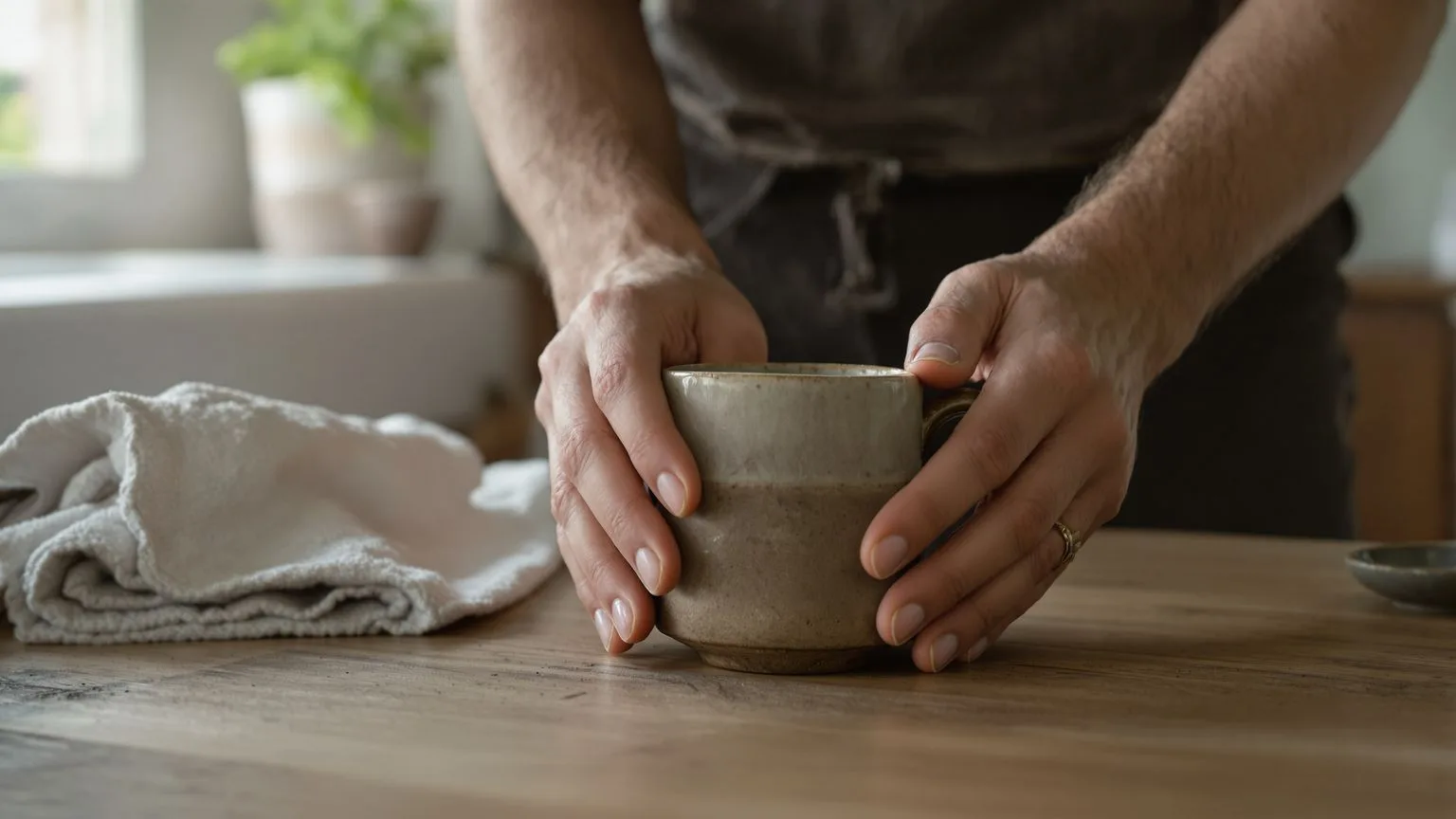 Hands resting on ceramic mug on wooden table, quiet tension of what makes the spiral worse