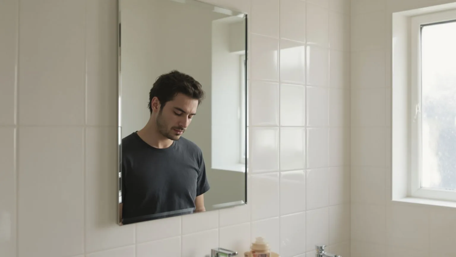 Man at bathroom mirror with quiet reflected light, what changed and softened after facing depression and awakening