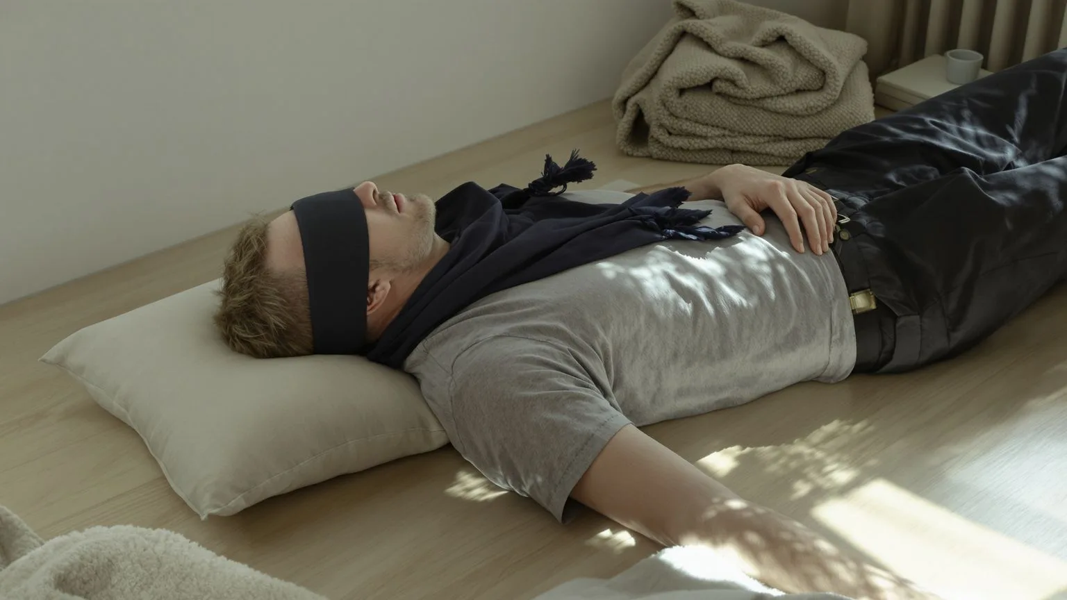 Man lying in Feeling Session posture on wooden floor with eyes covered, exploring depression and awakening