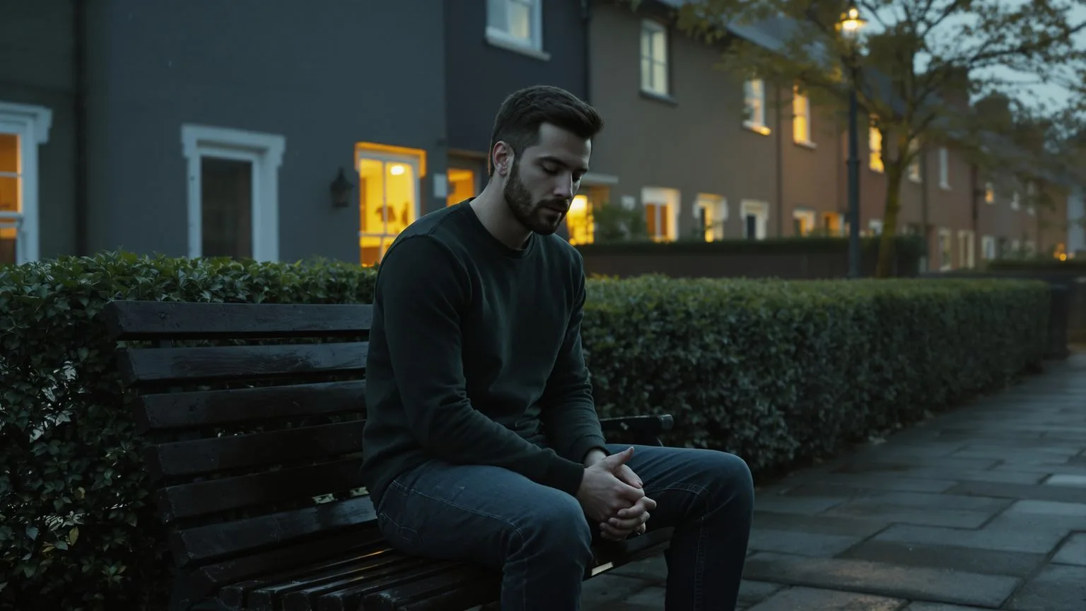 Man sitting on garden bench at dawn in split light, reflecting on depression and spiritual awakening