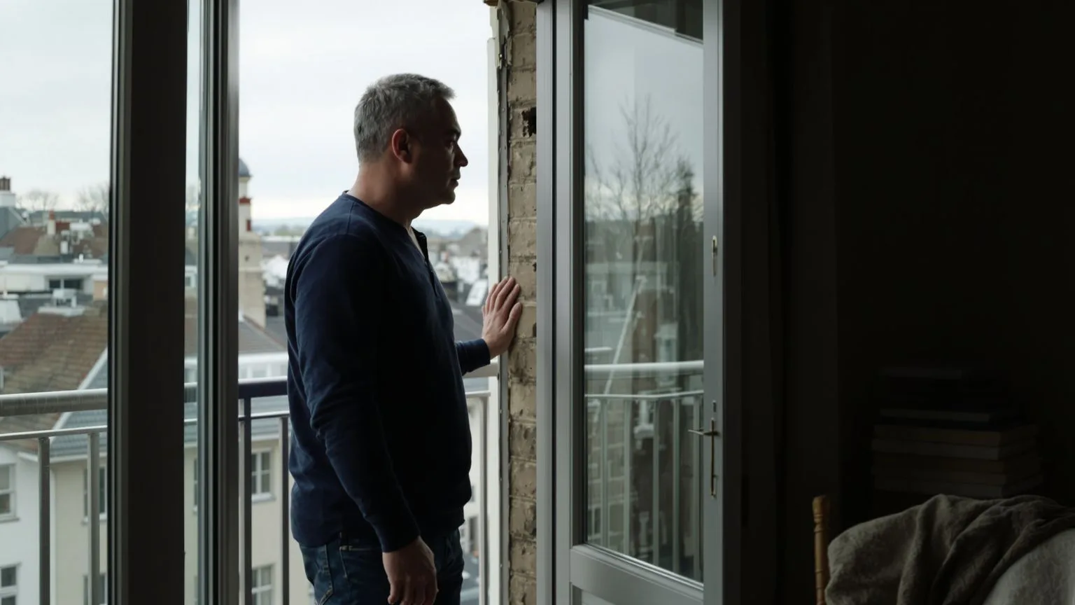 Man standing at balcony doorway looking outward, reflecting on why depression and spiritual awakening are hard to name