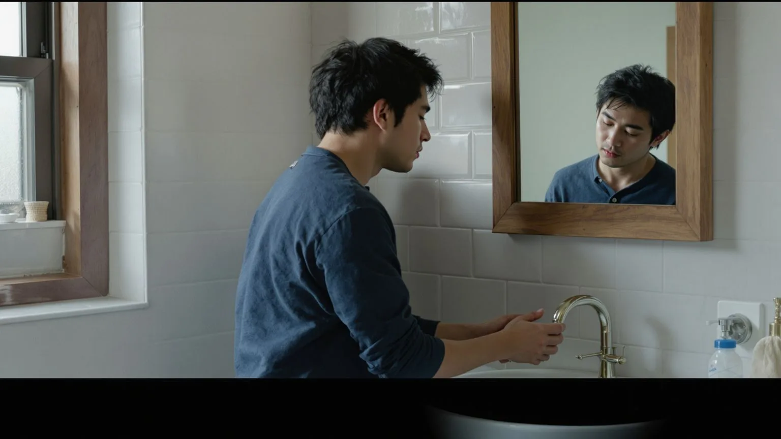 Man at bathroom sink with mirror reflection looking down showing what changes after one honest return