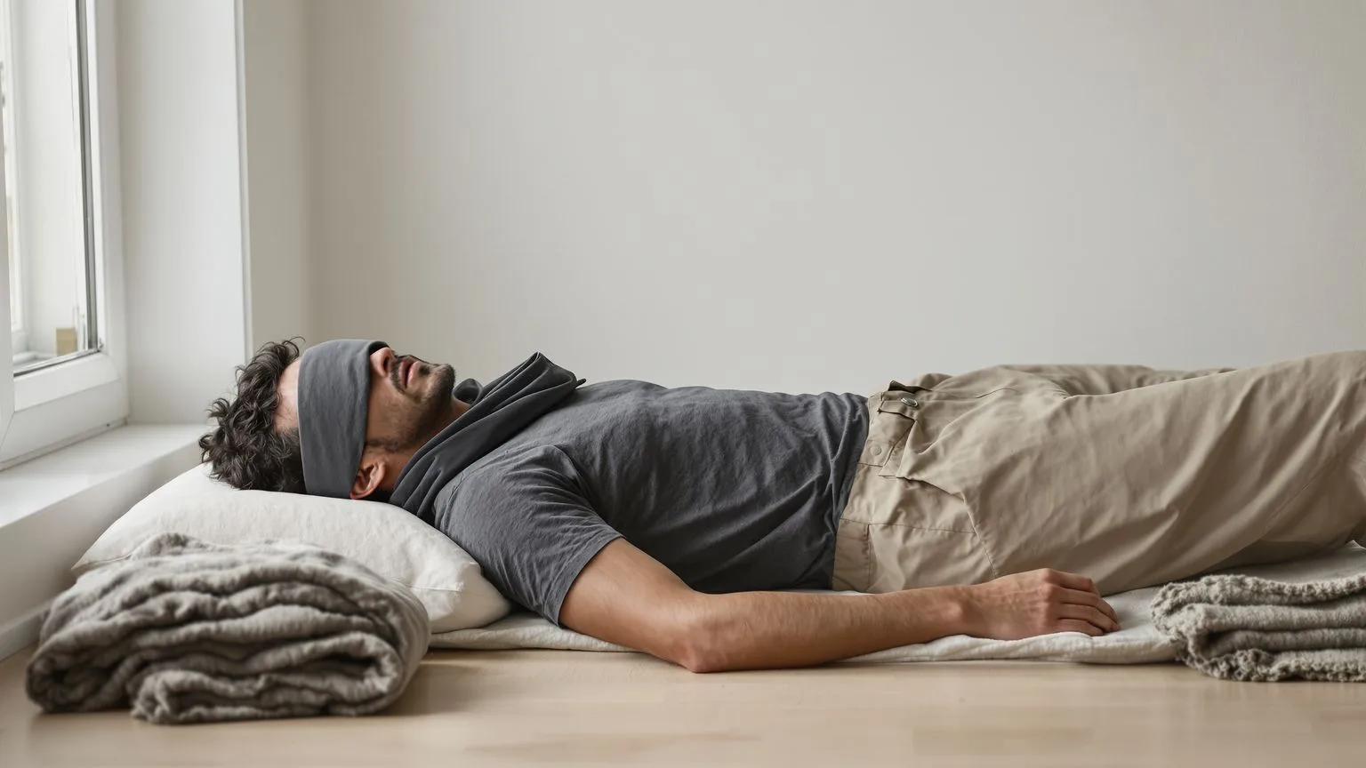 Man lying on wooden floor in Feeling Session posture with eyes covered showing when spiritual life stops working and stillness begins