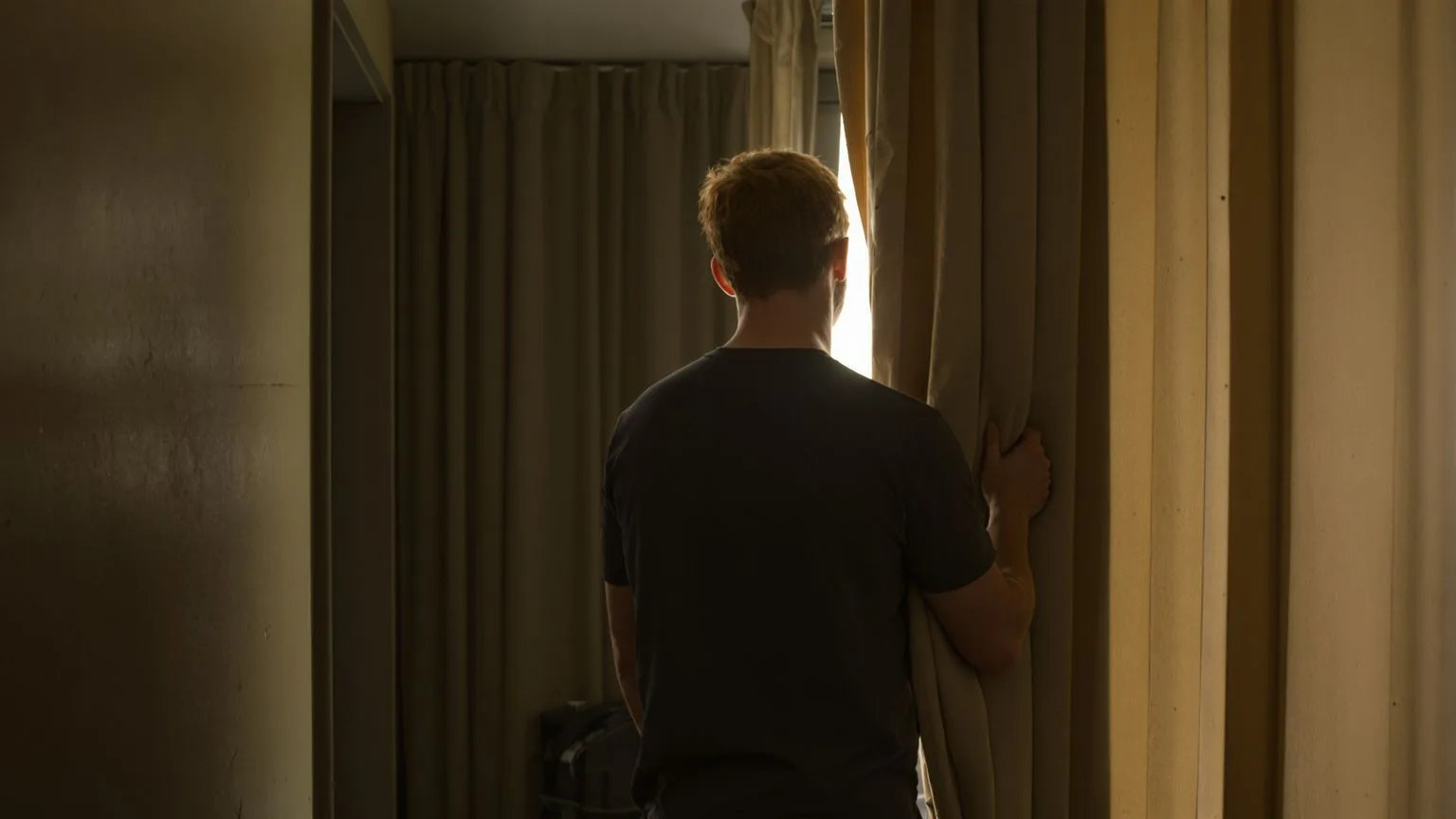 Man pulling aside curtain in dim hallway showing back posture as body begins to move through tension