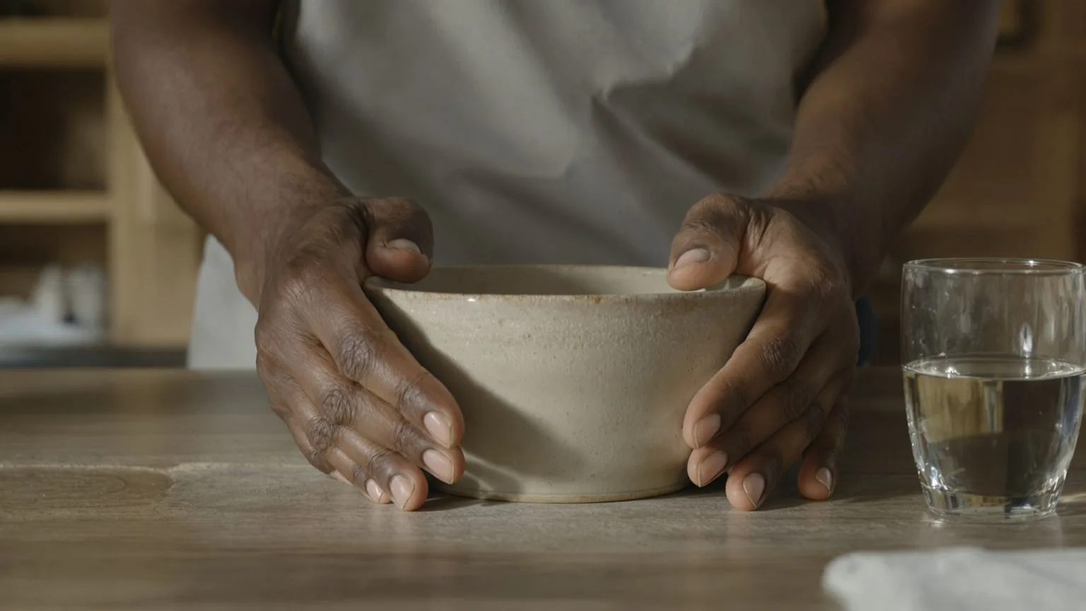 Man's hands resting on rough ceramic bowl on wooden table showing what a dark night of the soul actually is through body stillness