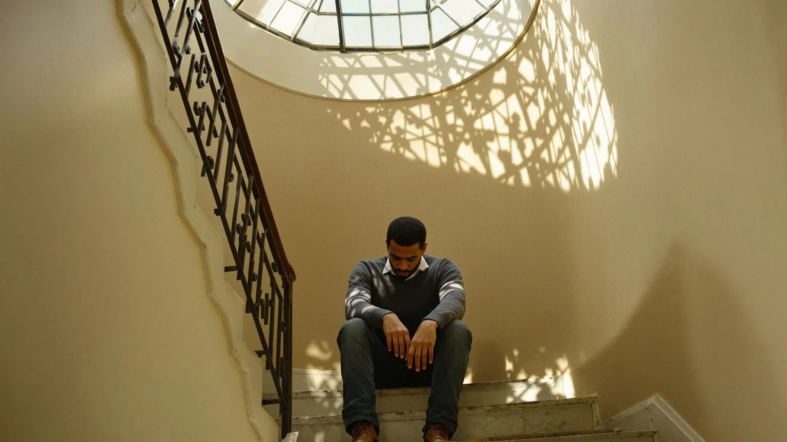 Man sitting alone on spiral stairwell steps during dark night of the soul with light falling from above