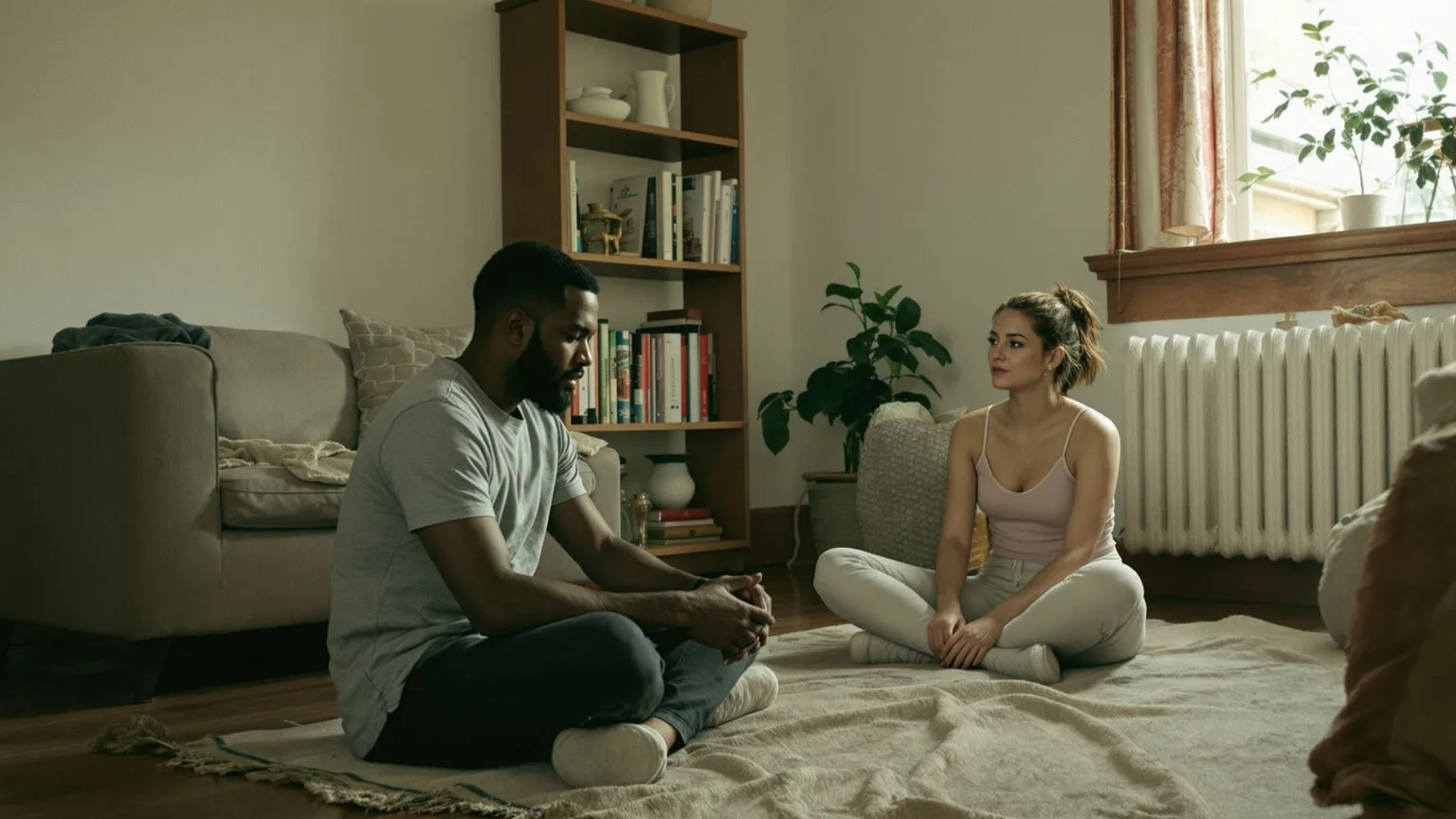 Two people sitting quietly together on floor showing signs you are in dark night territory with honest supportive presence