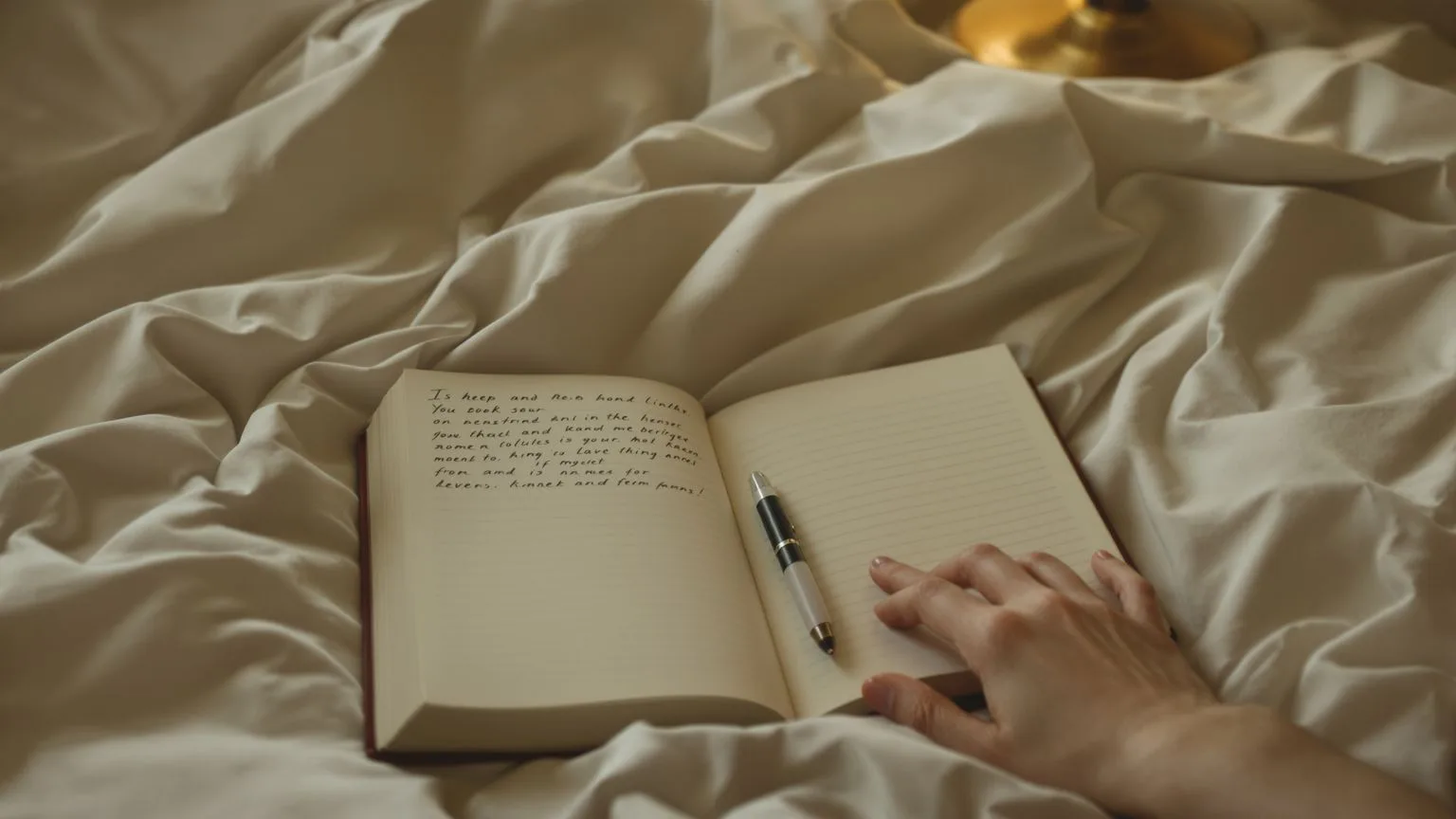 Relaxed hand resting beside open journal on linen bed during gentle shadow work journal prompts practice