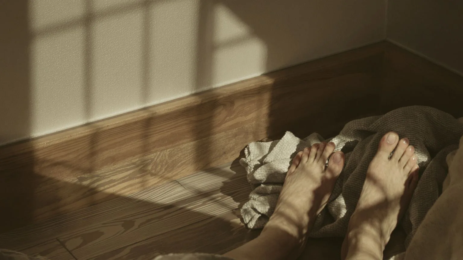 Close-up of wooden floor and fabric textures in natural light, representing grounded body-first heal Close-up of wooden floor and fabric textures in natural light, representing grounded body-first healing spirituality