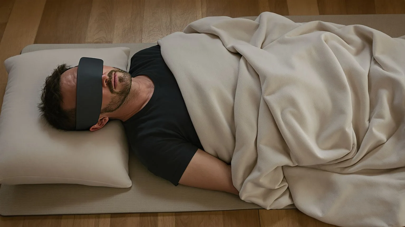 Person in body-first healing spirituality session, lying relaxed on wooden floor with covered eyes Person in body-first healing spirituality session, lying relaxed on wooden floor with covered eyes