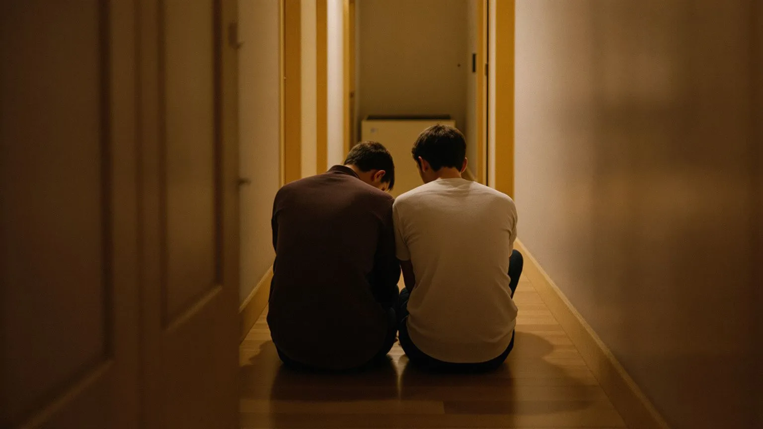 Two people sharing quiet moment in body-first healing spirituality practice, sitting together in hal Two people sharing quiet moment in body-first healing spirituality practice, sitting together in hallway
