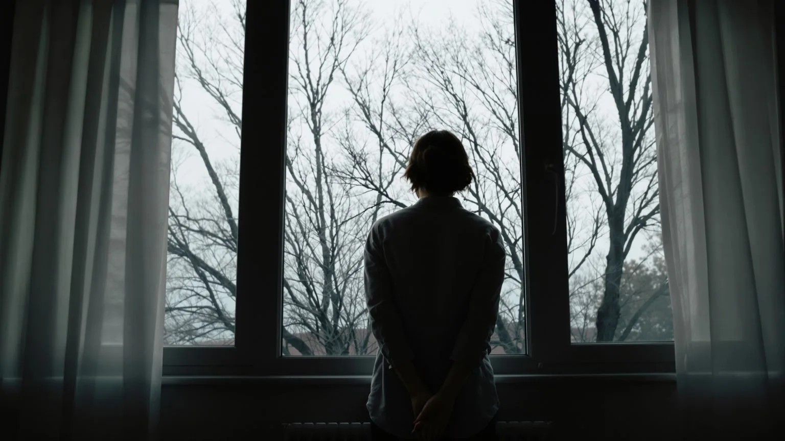 Woman at window in contemplation after body-first healing spirituality practice, viewed from behind Woman at window in contemplation after body-first healing spirituality practice, viewed from behind