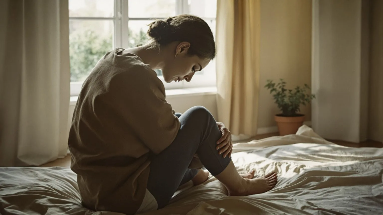 Woman sitting on bed edge in morning light, contemplating body-first healing spirituality practice Woman sitting on bed edge in morning light, contemplating body-first healing spirituality practice