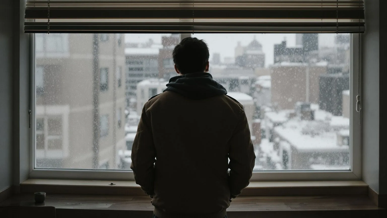 Person at window contemplating the separation between ego and intuition during quiet morning reflection